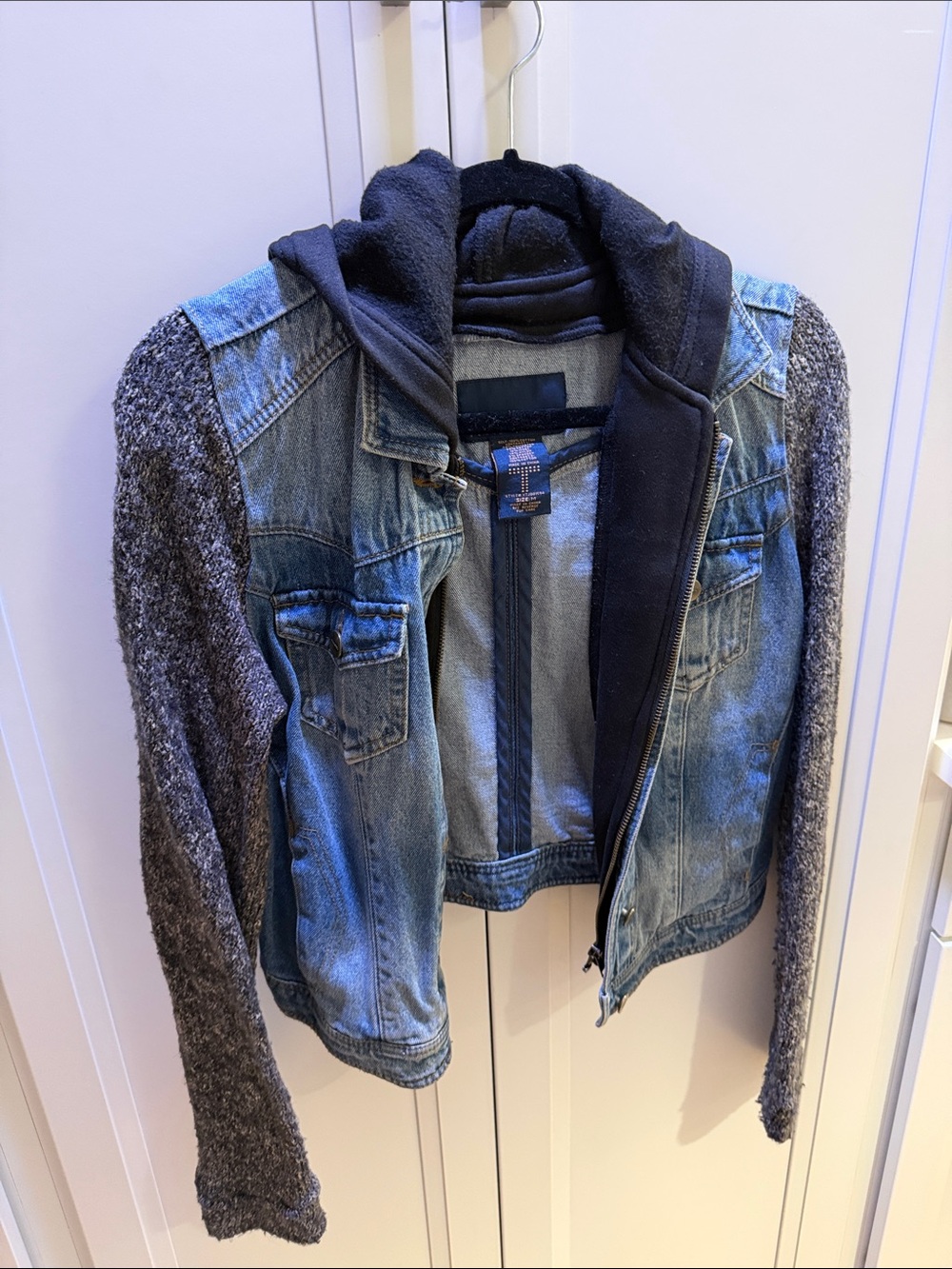 Tinsel Denim and Knit Hooded Jacket - Blue/Grey